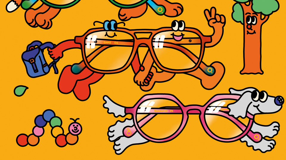 A cartoon of three pairs of spectacles, each with different characters, set in a yellow illustrated world